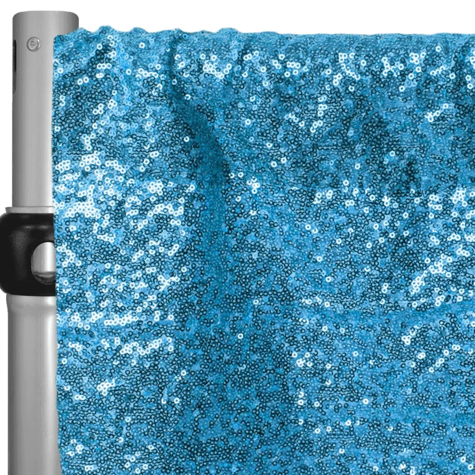 Aqua Blue Sequin Backdrop Curtain w/ 4" Rod Pocket by Eastern Mills - 10ft Long x 4.5ft Wide