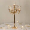 5-Arm Gold Metal Candelabra with Crystal Pendant Glass Shades for Pillar & LED Candles - 40 Inches