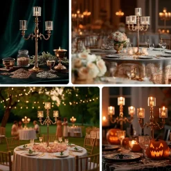 5-Arm Gold Metal Candelabra with Crystal Pendant Glass Shades for Pillar & LED Candles - 40 Inches