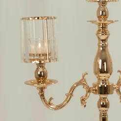 5-Arm Gold Metal Candelabra with Crystal Pendant Glass Shades for Pillar & LED Candles - 40 Inches