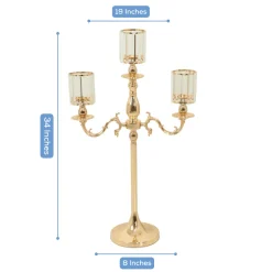 3-Arm Gold Metal Candelabra with Crystal Pendant Glass Shades for Pillar & LED Candles - 34 Inches