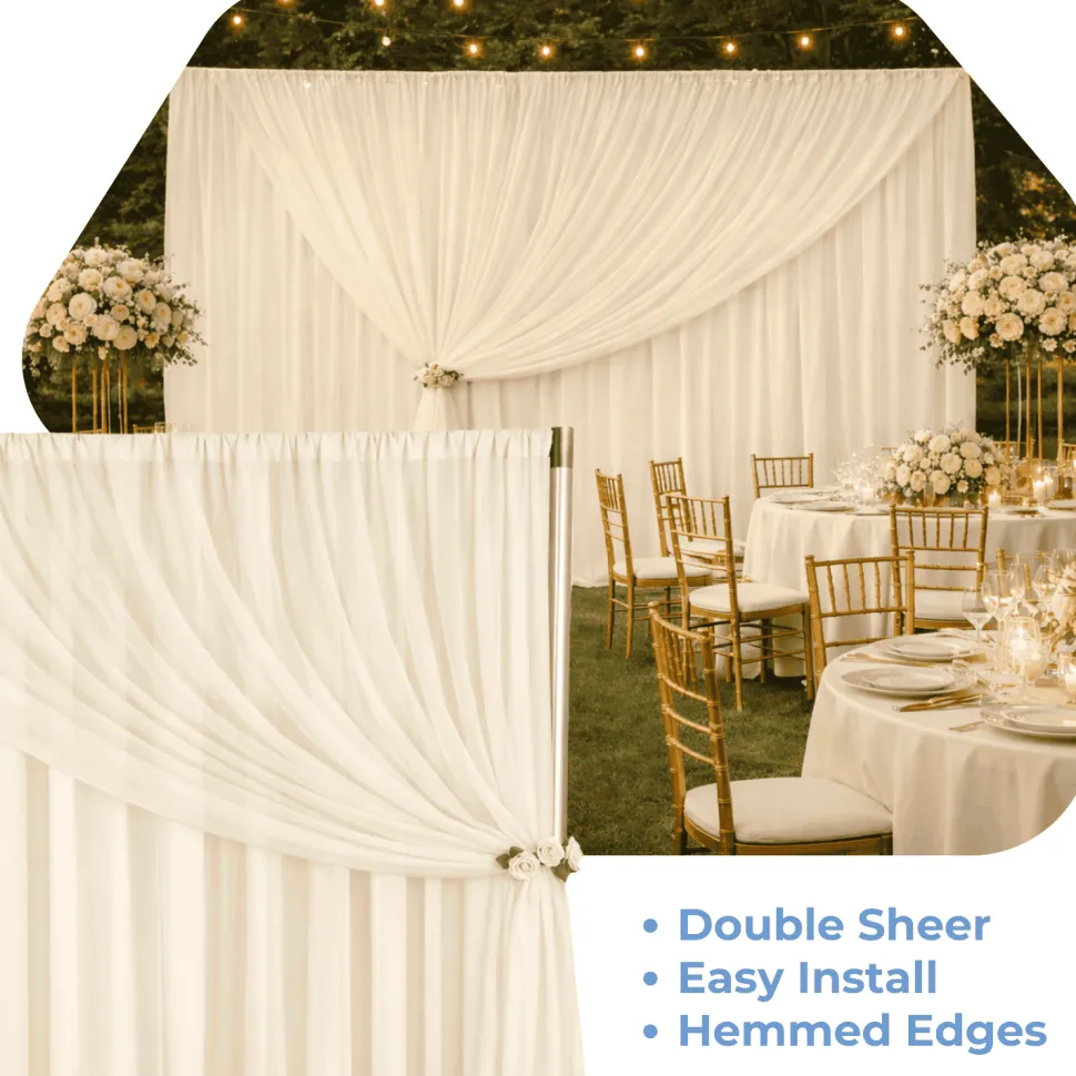 Beige Double Sheer Backdrop Drape – 10ft Height x 10ft Wide Chiffon & Polyester Dual Layer Event Divider Curtain with Rod Pockets