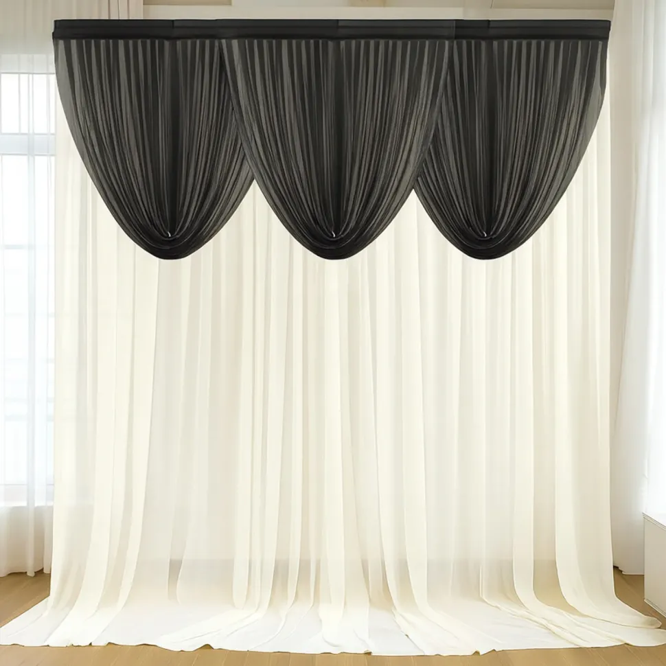 Black Sheer Chiffon Valance Curtain – Curved Backdrop Swag Topper with Rod Pocket (4ft Wide x 4ft, 5ft, 6ft Height Options)