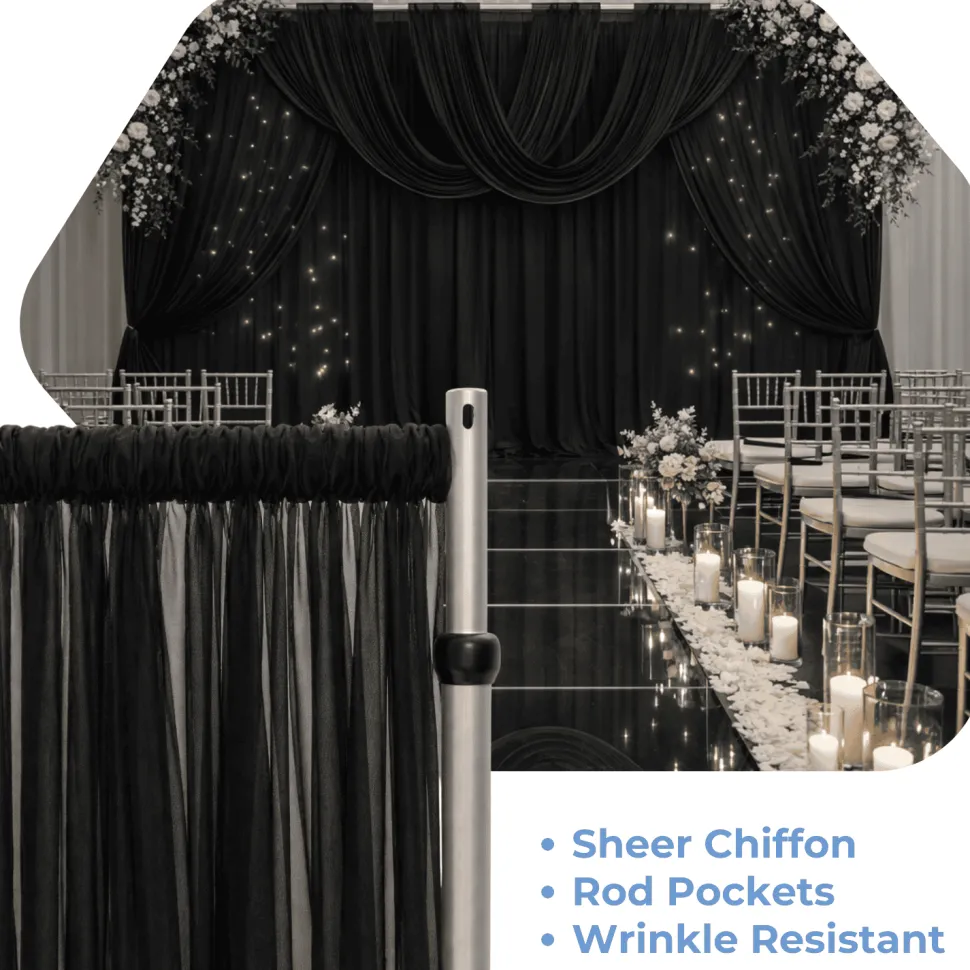 Black Sheer Chiffon Valance Curtain – Curved Backdrop Swag Topper with Rod Pocket (4ft Wide x 4ft, 5ft, 6ft Height Options)