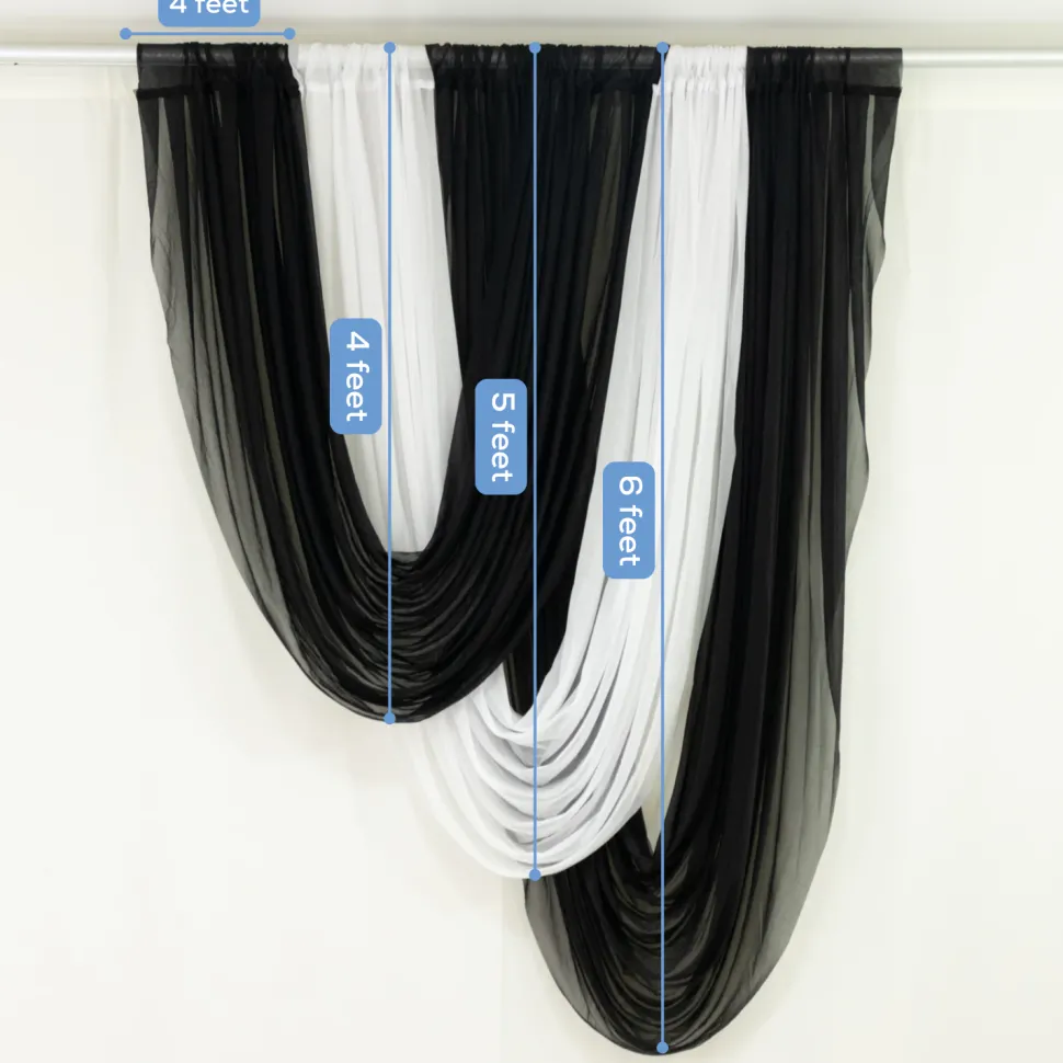 Black Sheer Chiffon Valance Curtain – Curved Backdrop Swag Topper with Rod Pocket (4ft Wide x 4ft, 5ft, 6ft Height Options)