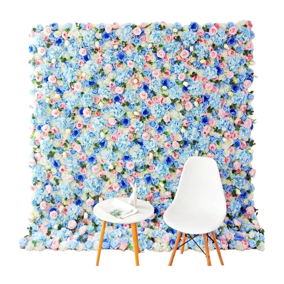 Blues & Pink Mixed Florals - Curtain Style Floral Wall - Easy Install! Select Size