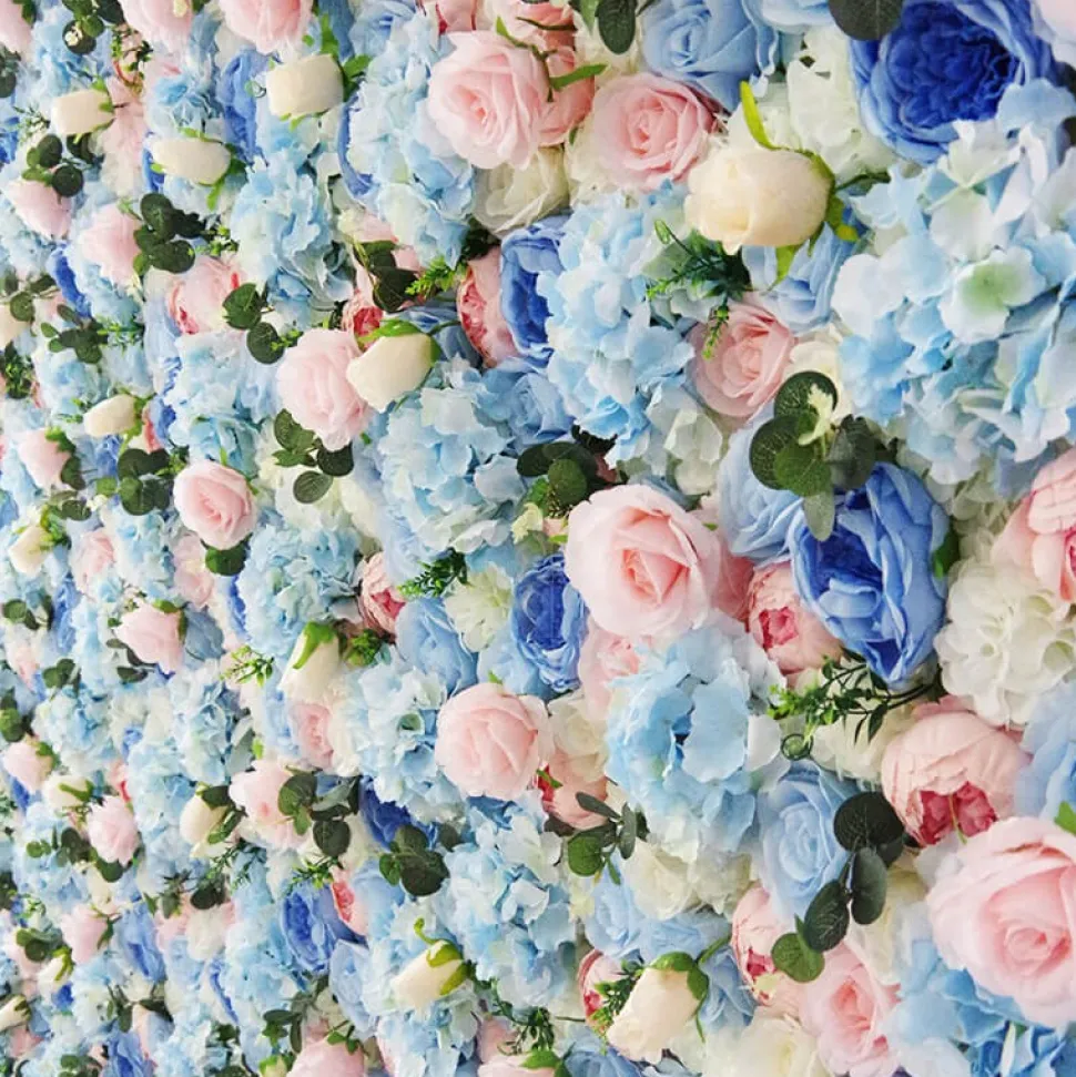 Blues & Pink Mixed Florals - Curtain Style Floral Wall - Easy Install! Select Size