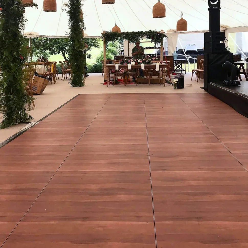 Dark Maple Snaplock Dance Floor Set - Easy Assembly, Portable with Edging & Transport Cart! - 12" x 12" Tiles