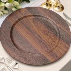 13" Dark Brown Round Faux Wood Finish Charger Plates – 6 Pieces Reusable Plastic Chargers with Wide Rims