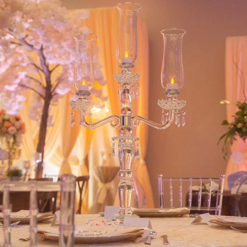 Decostar™ 3 Arm Crystal Candelabra 31" W/ Clear Glass Votive Holders - PAIR of 2!