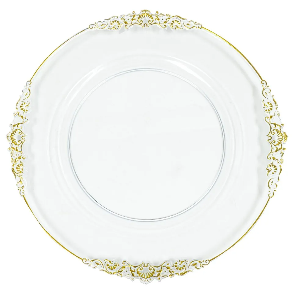 Decostar™ 13½" Clear Gold Embossed Plastic Charger Plate With Vintage Design Rim - 24 Pieces - Gold