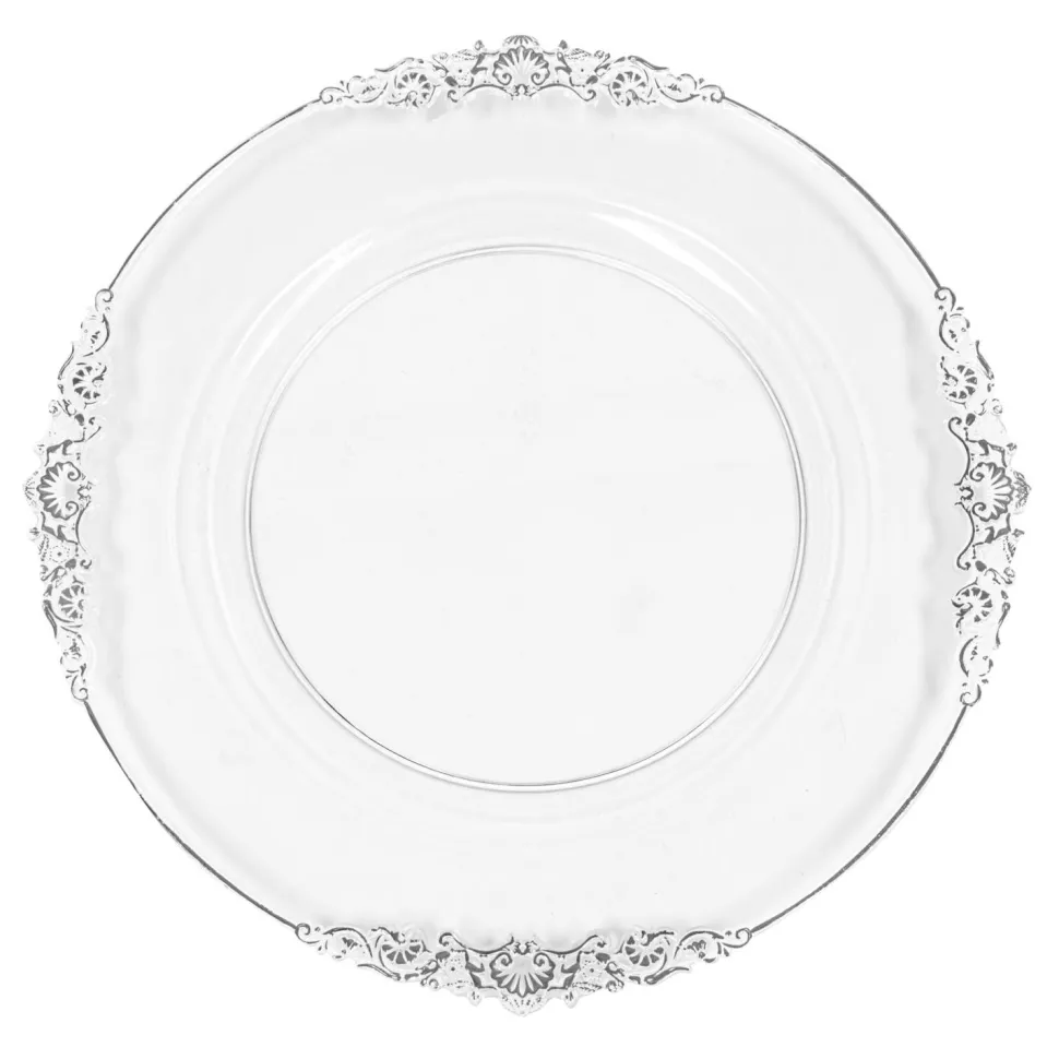 Decostar™ 13½" Clear Silver Embossed Plastic Charger Plate With Vintage Design Rim - 24 Pieces - Silver