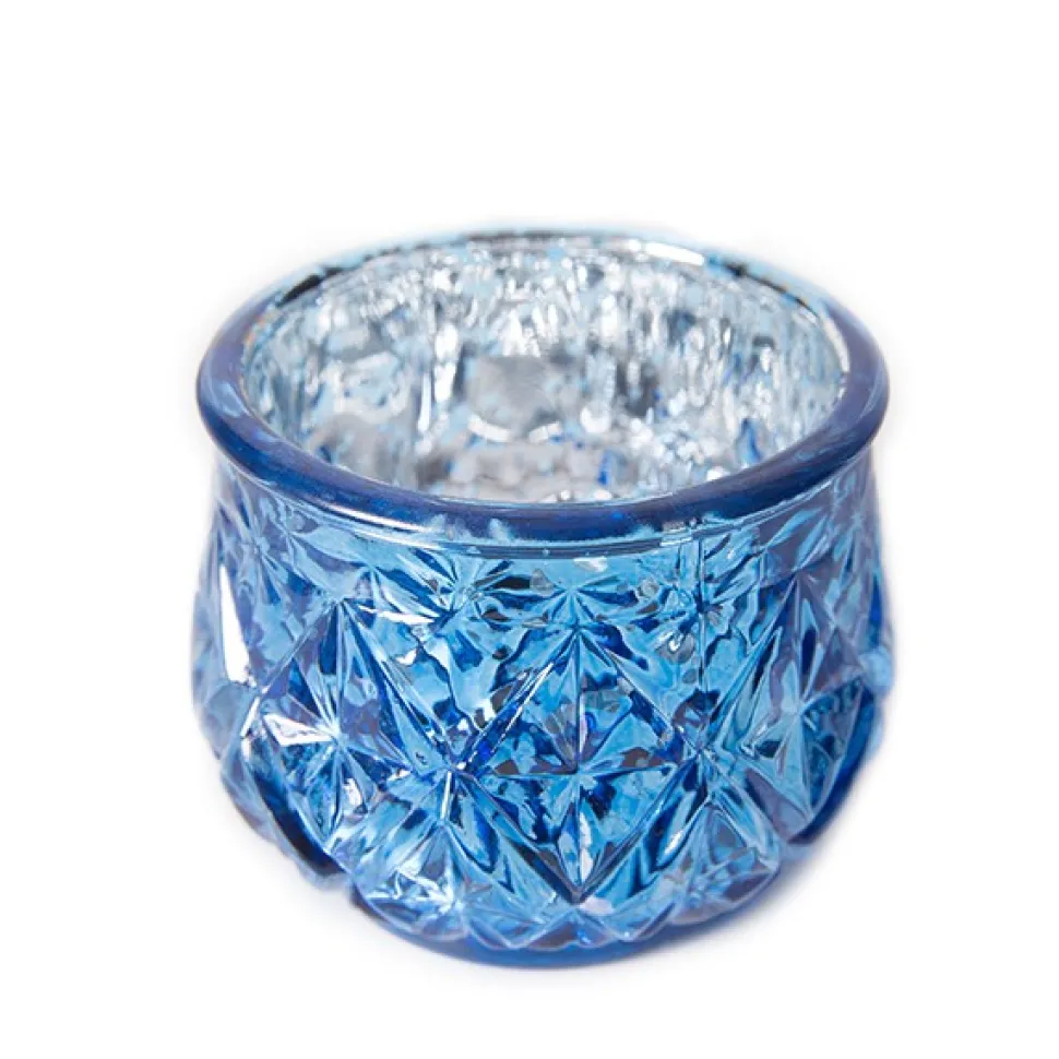 DecoStar™ 2 1/2" Glam Diamond Etched Mercury Glass Candle/Votive Holder - Blue - 6 PACK