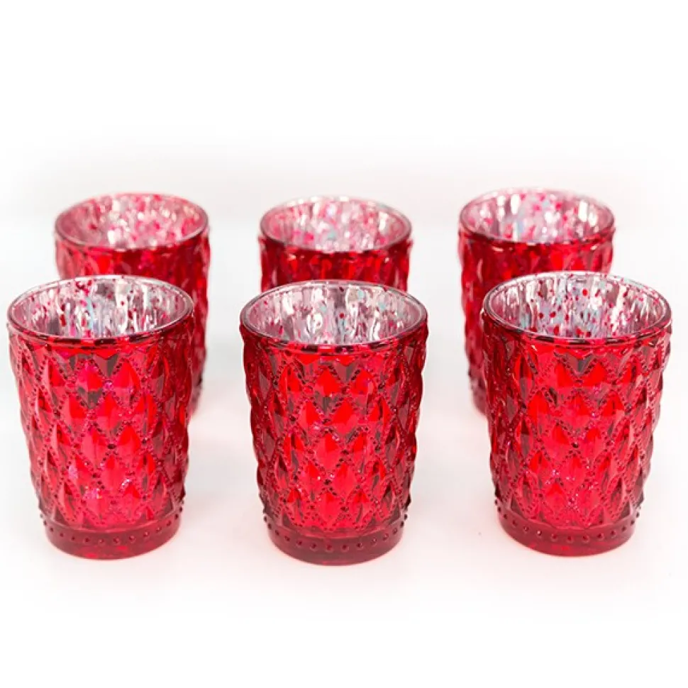 DecoStar™ 3 1/2" Glam Small Diamond Etched Mercury Glass Candle/Votive Holder - Red - 6 PACK