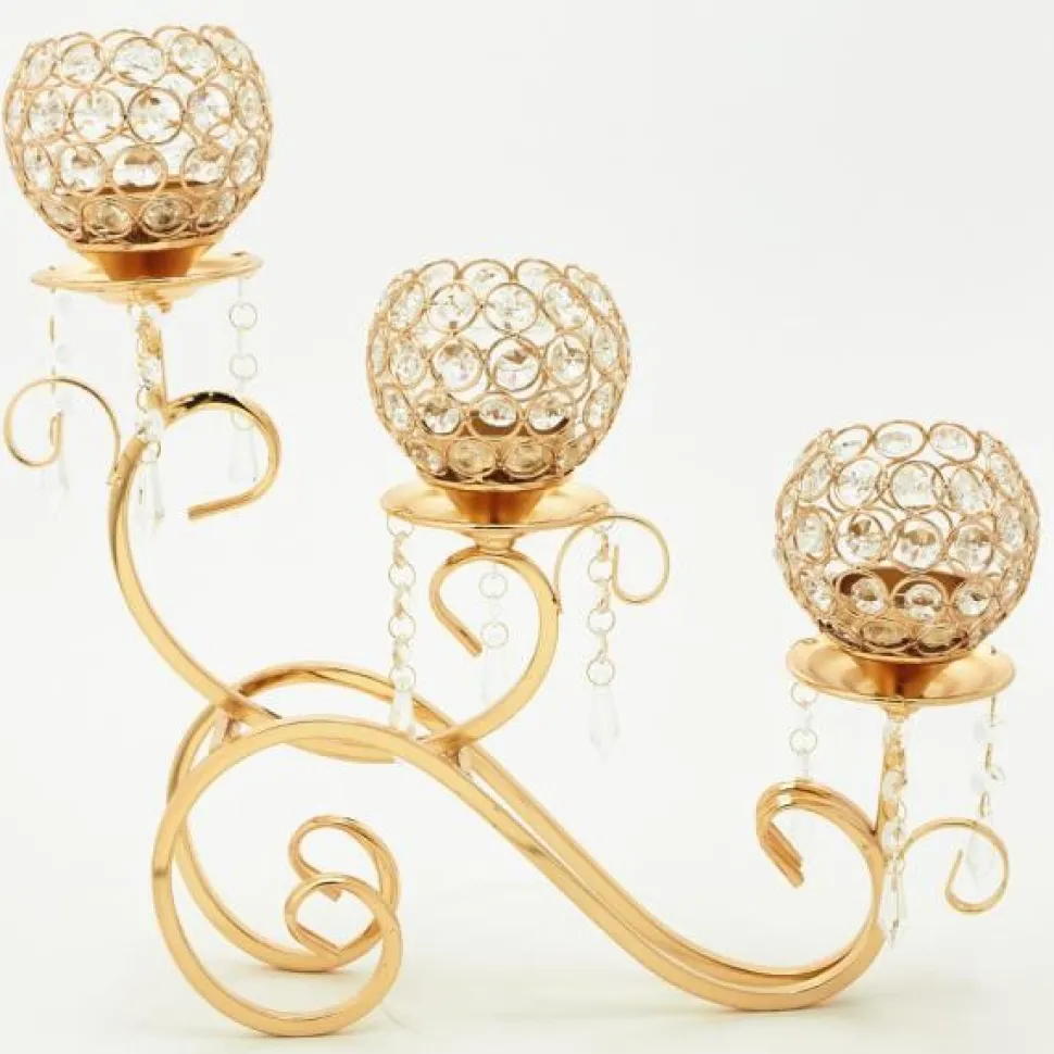 Decostar™ Gold and Crystal Bead Tabletop Low Candelabra - 16" x 4" x 15¼"