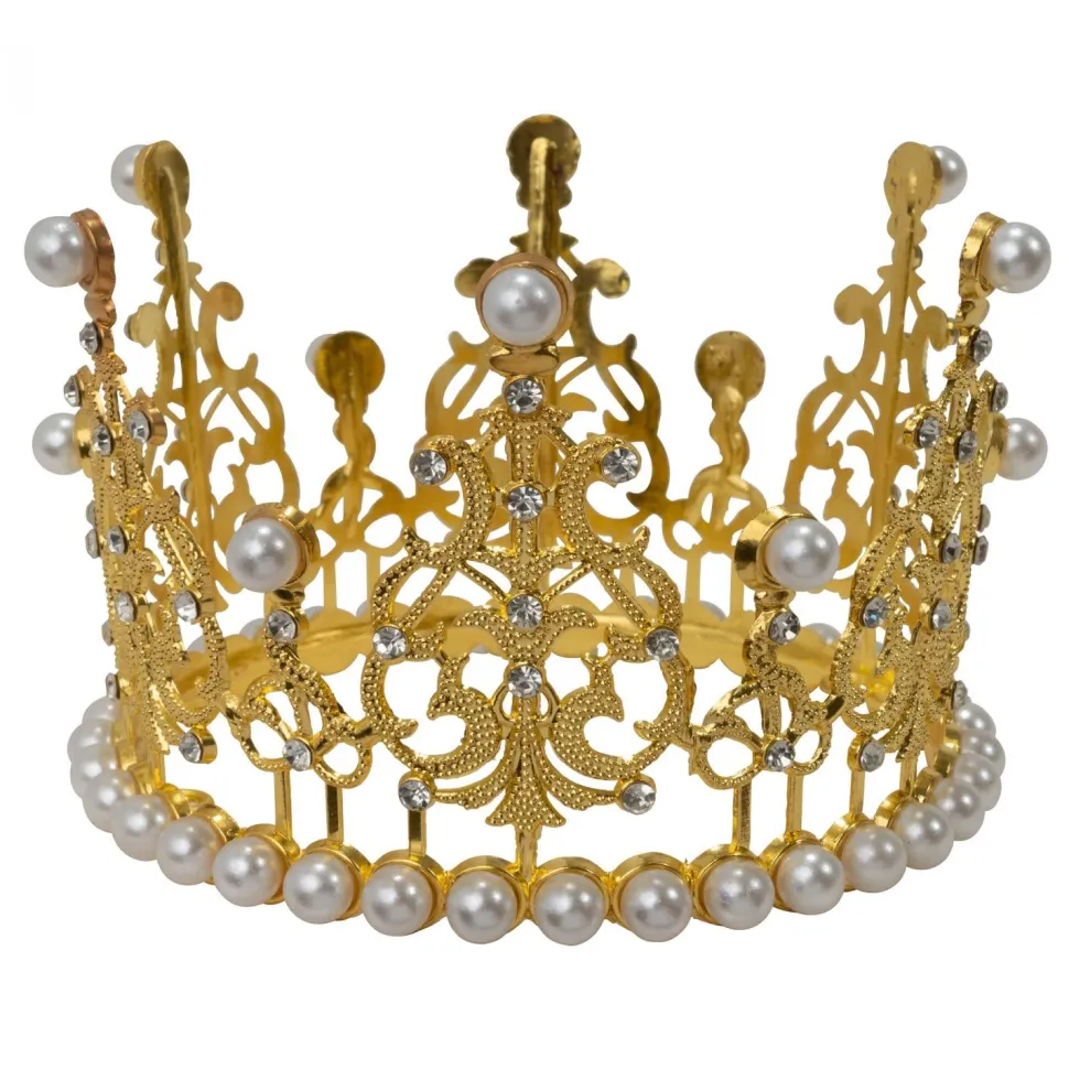 Decostar™ Metal Royal Crown with Rhinestones and Pearls - Gold