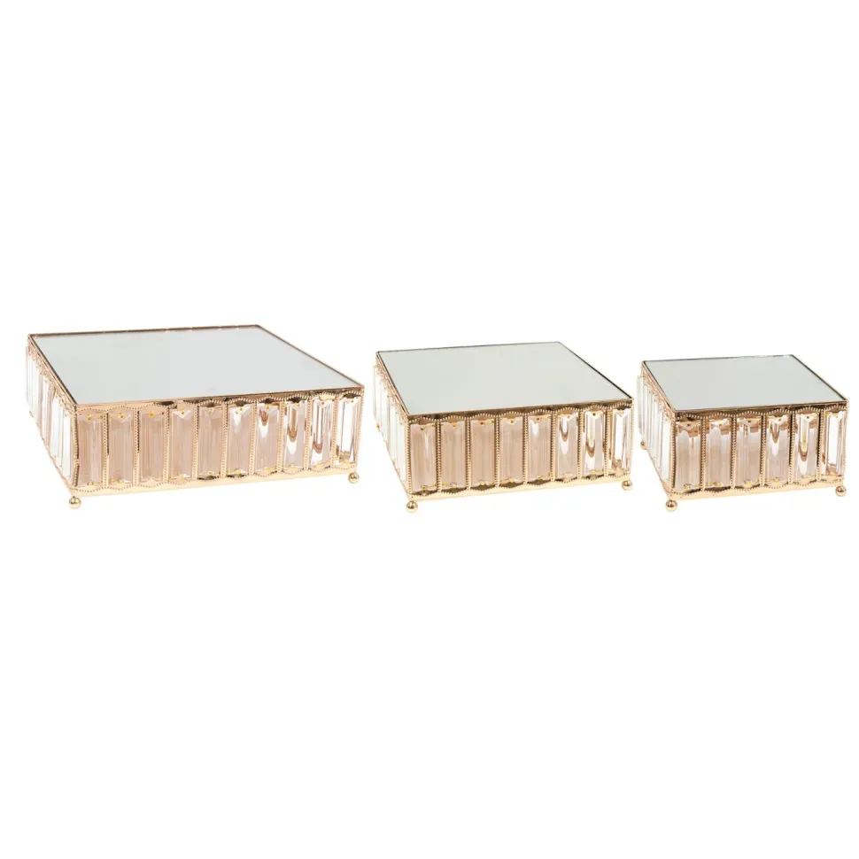 Decostar™ Metal Square Crystal Embellished Cake Stand With Mirror Top 3pc/set - Gold