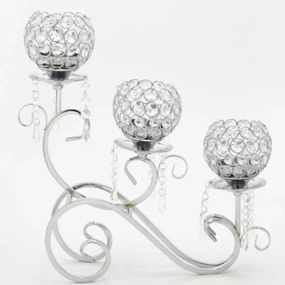 Decostar™ Silver and Crystal Bead Tabletop Low Candelabra - 16" x 4" x 15¼"