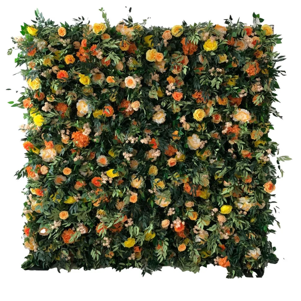 Deluxe Mixed Greenery w/ Orange & Yellow Florals - Curtain Style Floral Wall - Easy Install! Select Size