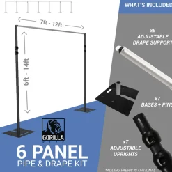 DELUXE-6 Panel Black Anodized Pipe and Drape Kit / Backdrop - 6-14 Feet Tall (Adjustable) Comes W/ 3 Piece Uprights for Maximum Height Adjustment