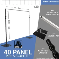 DELUXE-40 Panel Black Anodized Pipe and Drape Kit / Backdrop - 8-20 Feet Tall (Adjustable) Comes W/ 3 Piece Uprights for Maximum Height Adjustment