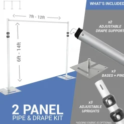 DELUXE-2 Panel Pipe and Drape Kit / Backdrop - 6-14 Feet Tall (Adjustable) Comes W/ 3 Piece Uprights for Maximum Height Adjustment