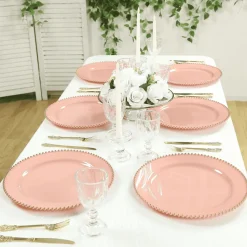 13" Dusty Rose with Gold Beaded Rim Round Charger Plates – 10 Pieces Reusable Economy Plastic Chargers