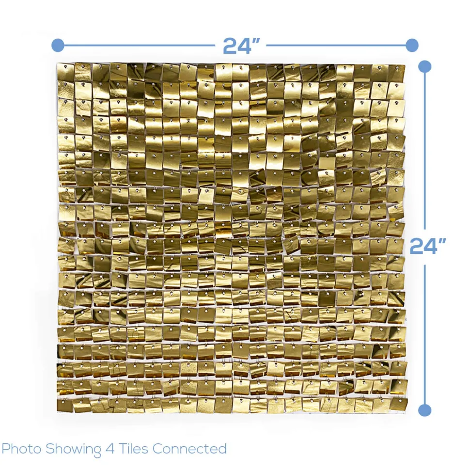 Easy Connect Shimmer Wall Panels w/ Transparent Grid Backing & Square Sequins - 12 Tiles - Light Gold