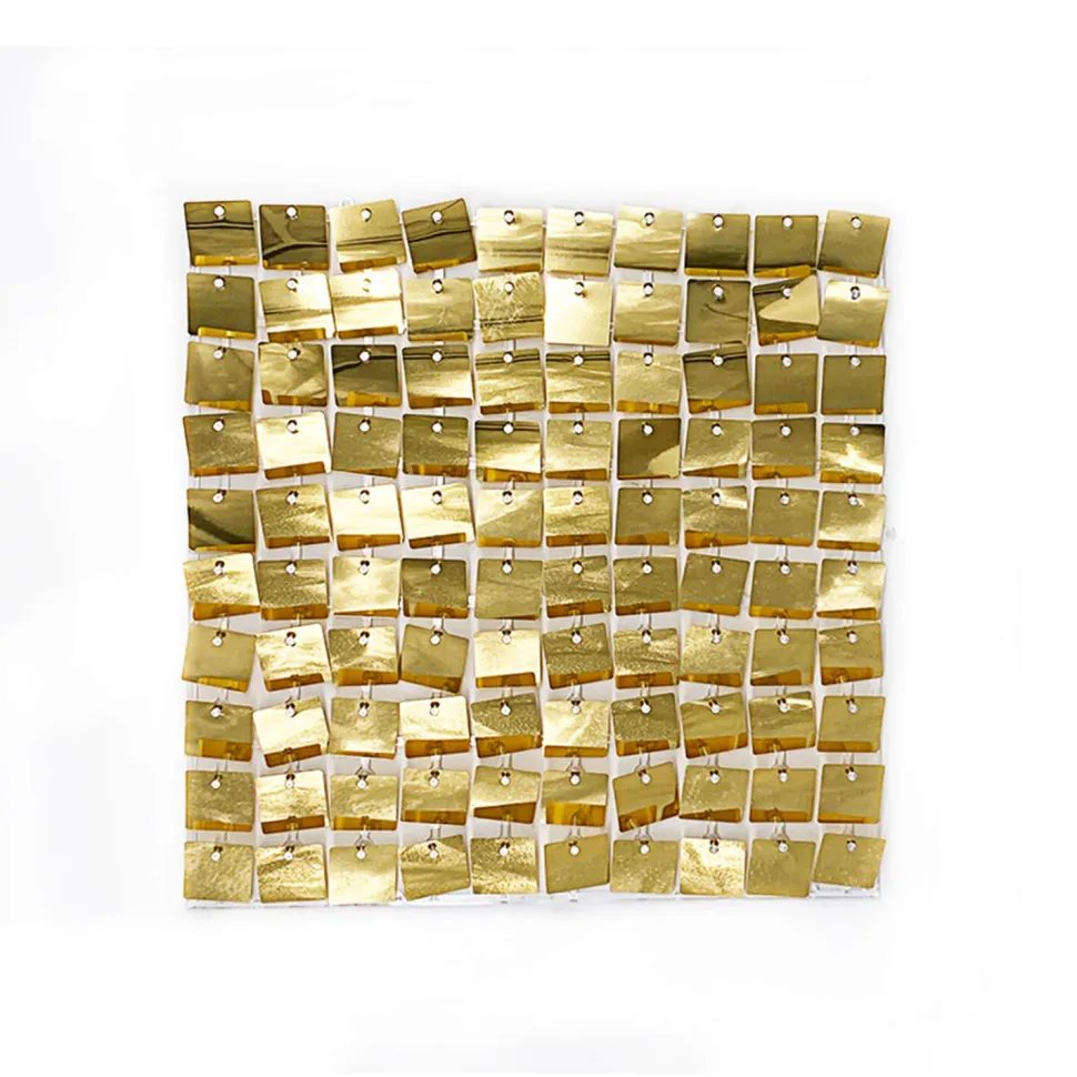 Easy Connect Shimmer Wall Panels w/ Transparent Grid Backing & Square Sequins - 12 Tiles - Light Gold