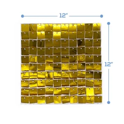 Easy Connect Shimmer Wall Panels w/ Transparent Grid Backing & Square Sequins - 12 Tiles - Gold