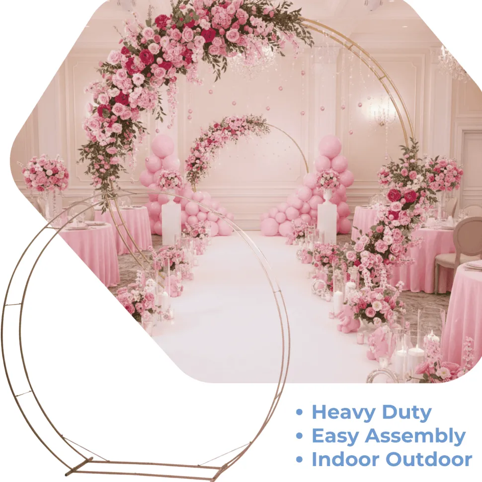 7.5ft Heavy Duty Gold Metal Double Hoop Wedding Arch – Round Photo Backdrop & Floral Balloon Frame