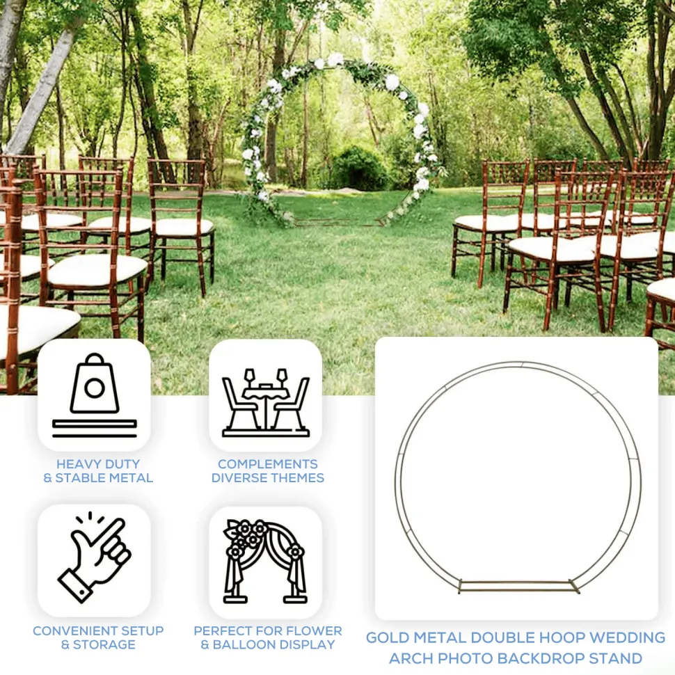 7.5ft Heavy Duty Gold Metal Double Hoop Wedding Arch – Round Photo Backdrop & Floral Balloon Frame