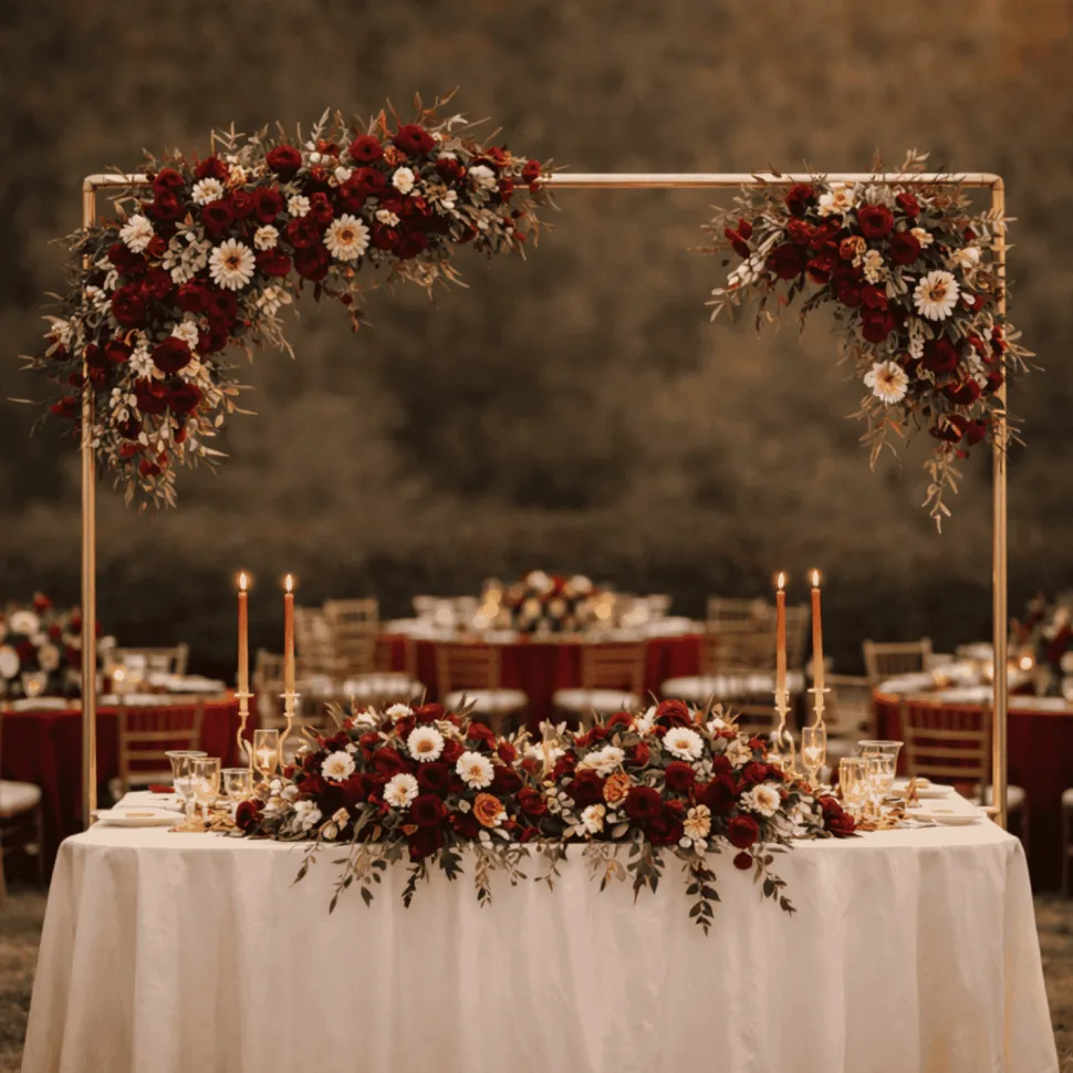 3.5ft H x 6.5ft W – Gold Metal Over-the-Table Rod Stand with Adjustable Hanging Bar & Clamps