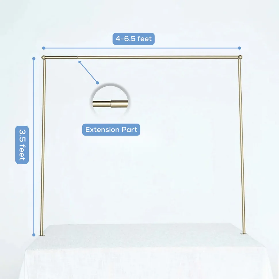 3.5ft H x 6.5ft W – Gold Metal Over-the-Table Rod Stand with Adjustable Hanging Bar & Clamps