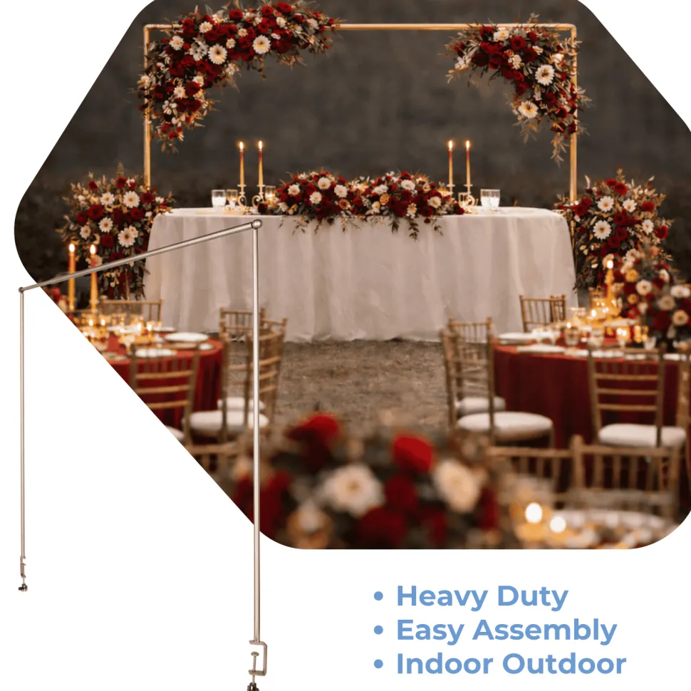 3.5ft H x 6.5ft W – Gold Metal Over-the-Table Rod Stand with Adjustable Hanging Bar & Clamps