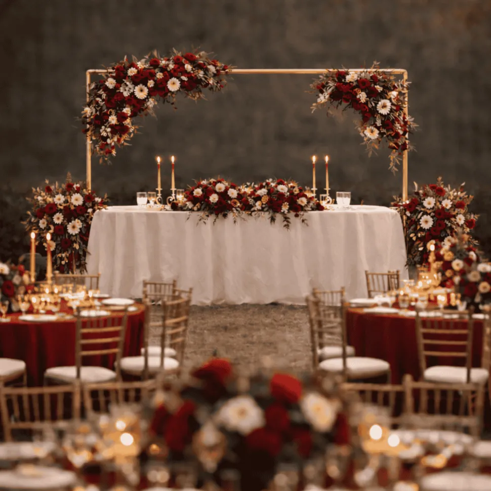 3.5ft H x 6.5ft W – Gold Metal Over-the-Table Rod Stand with Adjustable Hanging Bar & Clamps