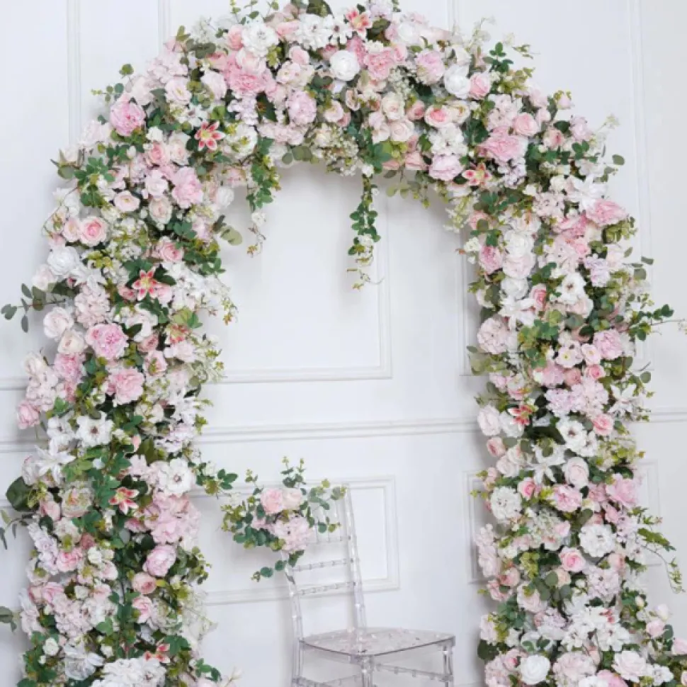 8ft LUXE Pink Rose & Green Leaf Mixed Floral Arch with Optional Frame