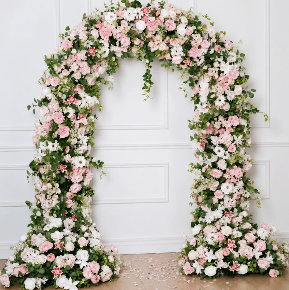8ft LUXE Pink Rose & Green Leaf Mixed Floral Arch with Optional Frame