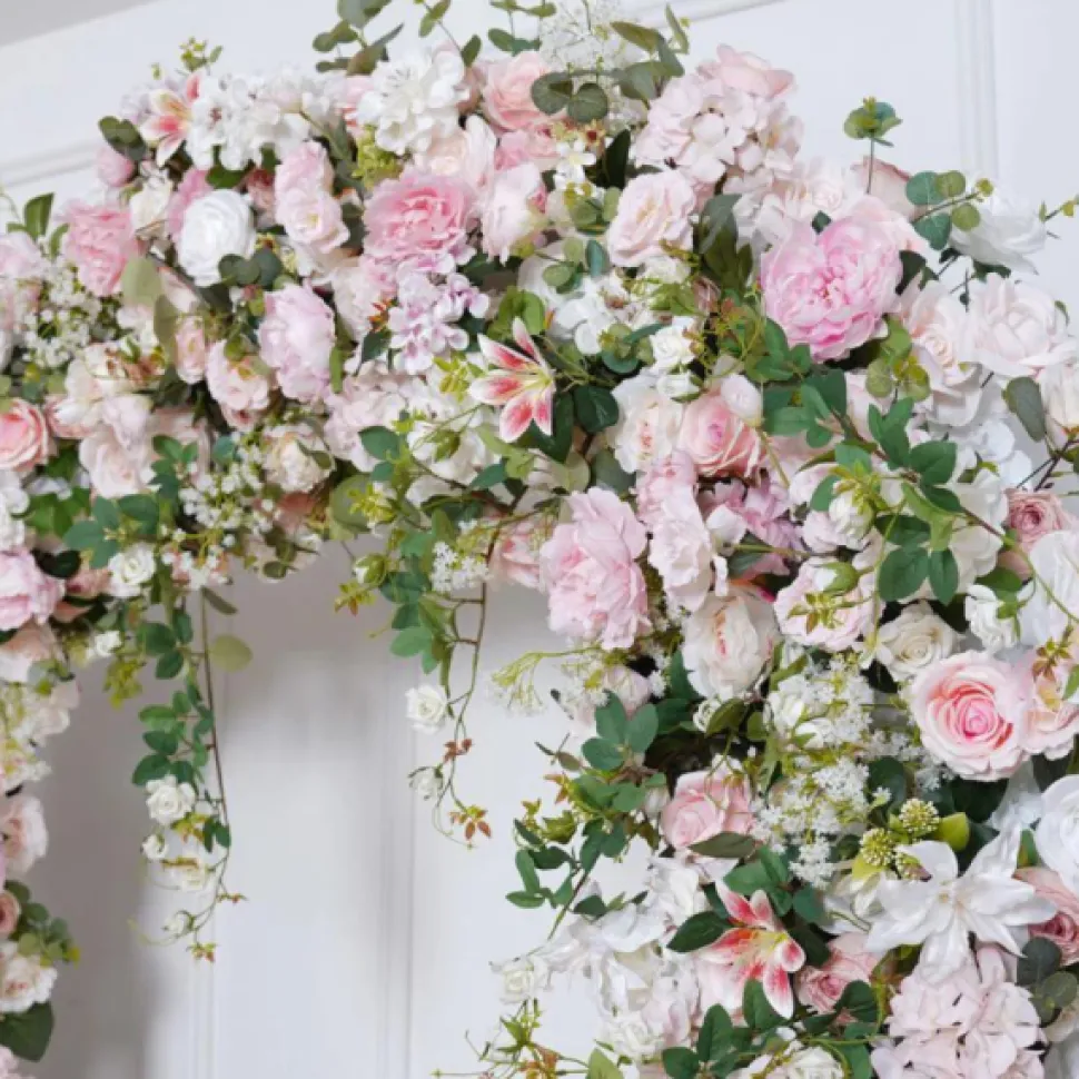 8ft LUXE Pink Rose & Green Leaf Mixed Floral Arch with Optional Frame