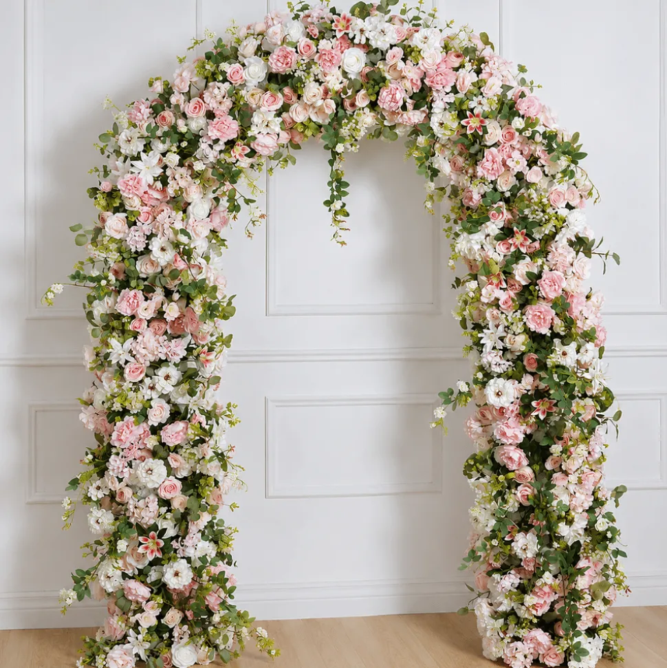 8ft LUXE Pink Rose & Green Leaf Mixed Floral Arch with Optional Frame