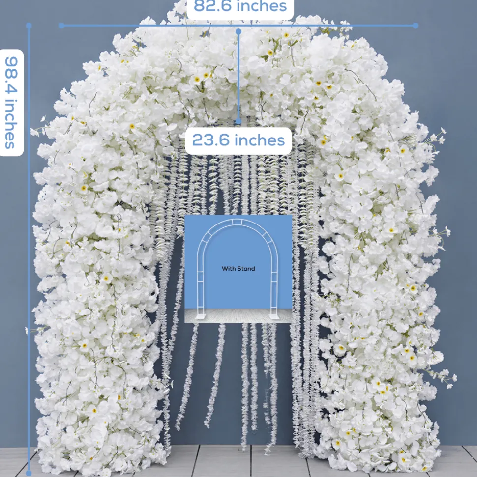 8ft LUXE White Cherry Blossom & Hanging Wisteria Floral Arch with Optional Frame