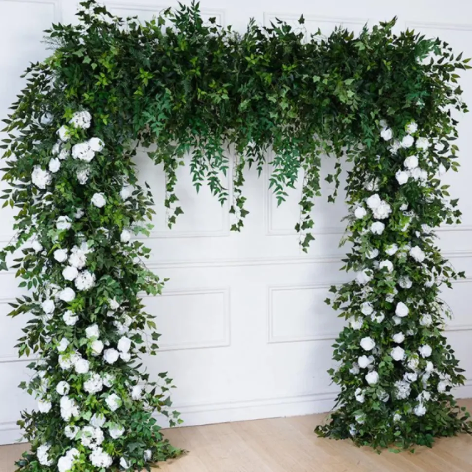 8ft LUXE White Rose, Green Willow Leaf & Wisteria Mixed Square Floral Arch with Optional Pipe Kit Frame