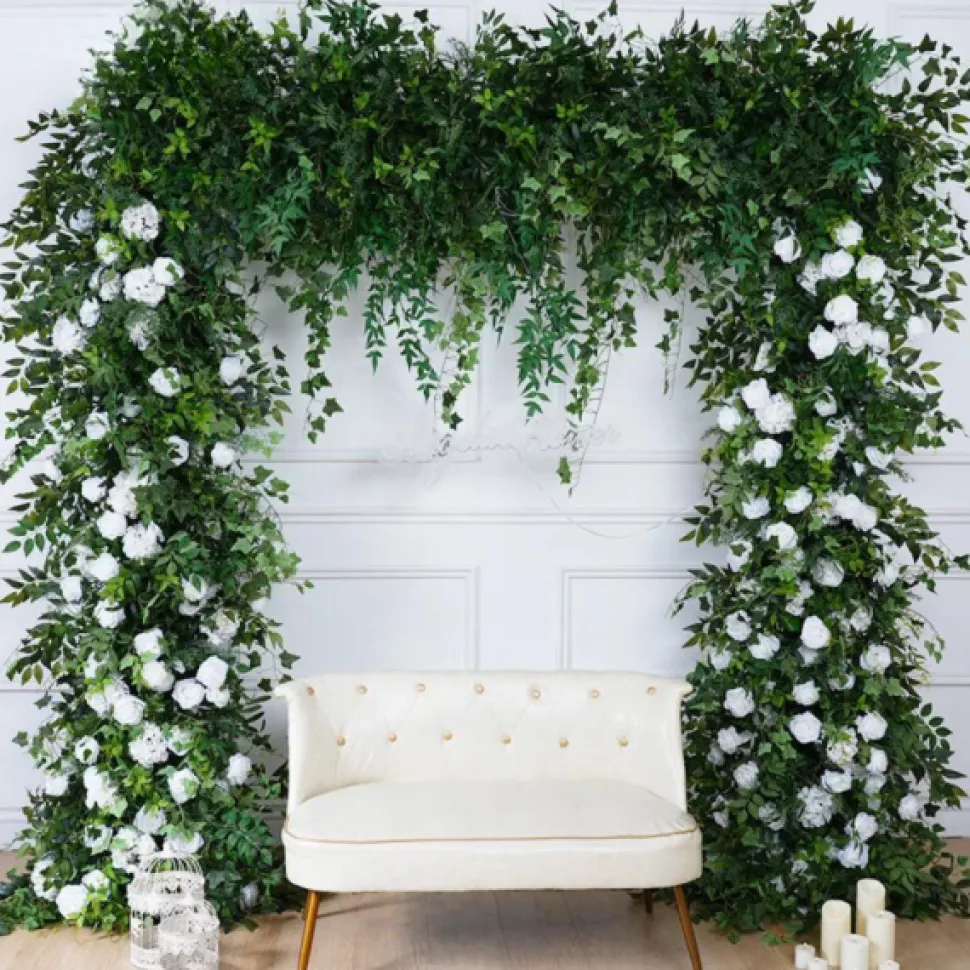8ft LUXE White Rose, Green Willow Leaf & Wisteria Mixed Square Floral Arch with Optional Pipe Kit Frame
