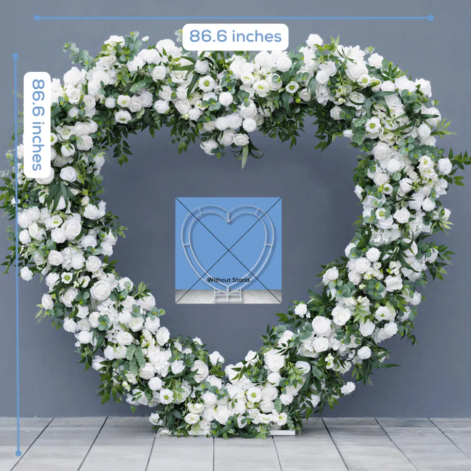 8ft LUXE White Rose & Green Willow Leaf Heart Shaped Floral Arch with optional frame