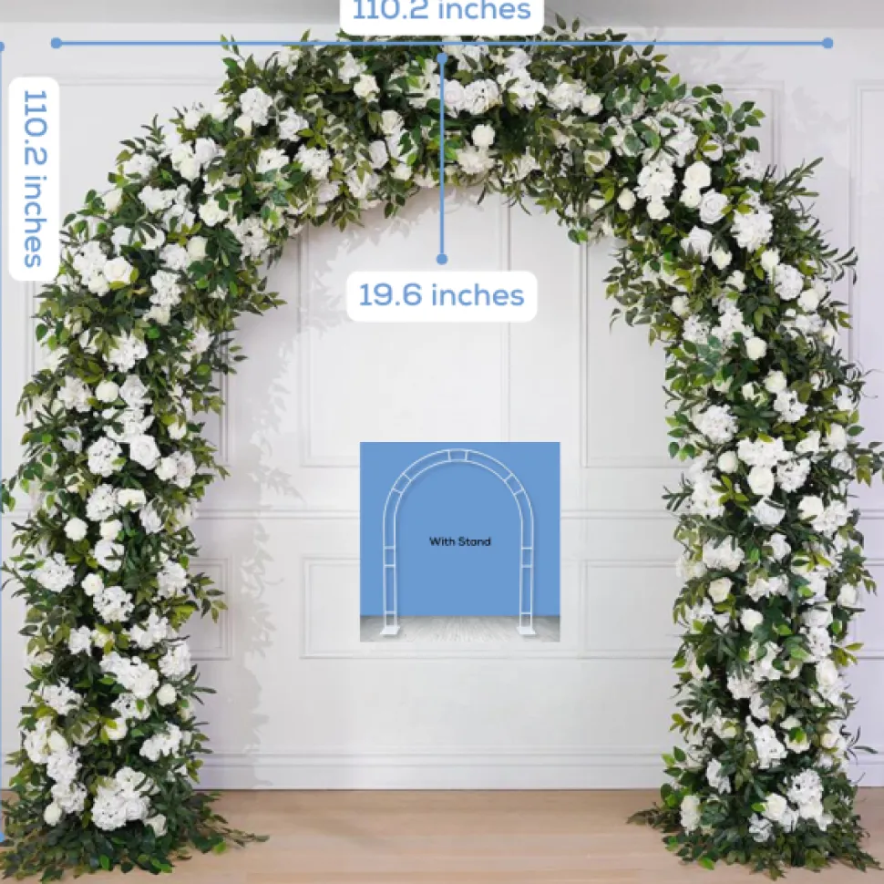 8ft LUXE White Rose, Hydrangea, Green Leaves Mixed Floral Arch with Optional Frame