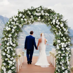 8ft LUXE White Rose, Hydrangea, Green Leaves Mixed Floral Arch with Optional Frame