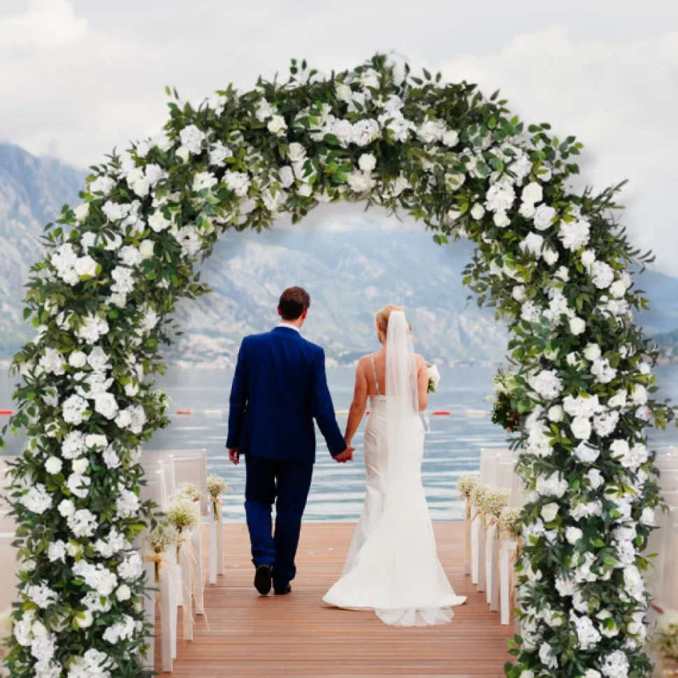 8ft LUXE White Rose, Hydrangea, Green Leaves Mixed Floral Arch with Optional Frame