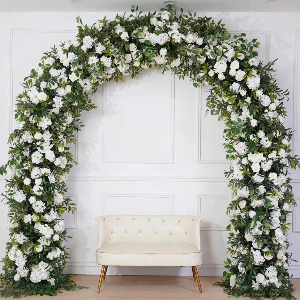 8ft LUXE White Rose, Hydrangea, Green Leaves Mixed Floral Arch with Optional Frame