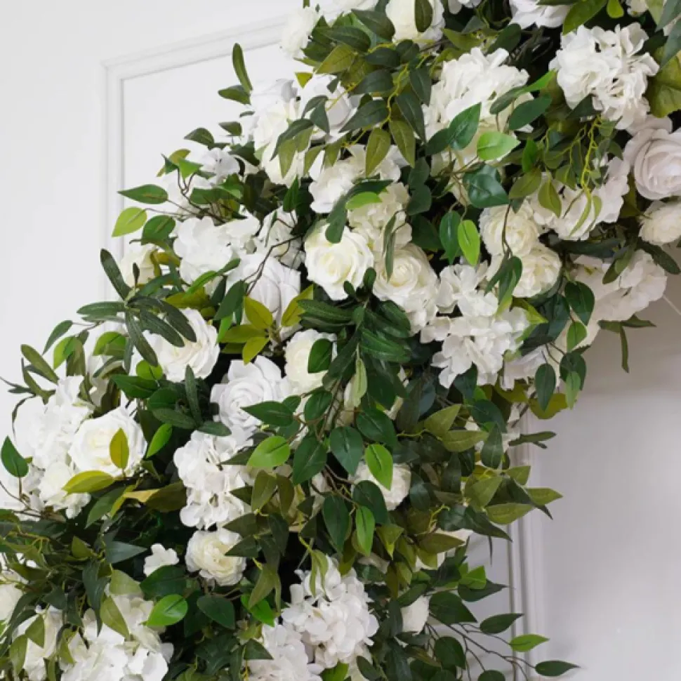 8ft LUXE White Rose, Hydrangea, Green Leaves Mixed Floral Arch with Optional Frame