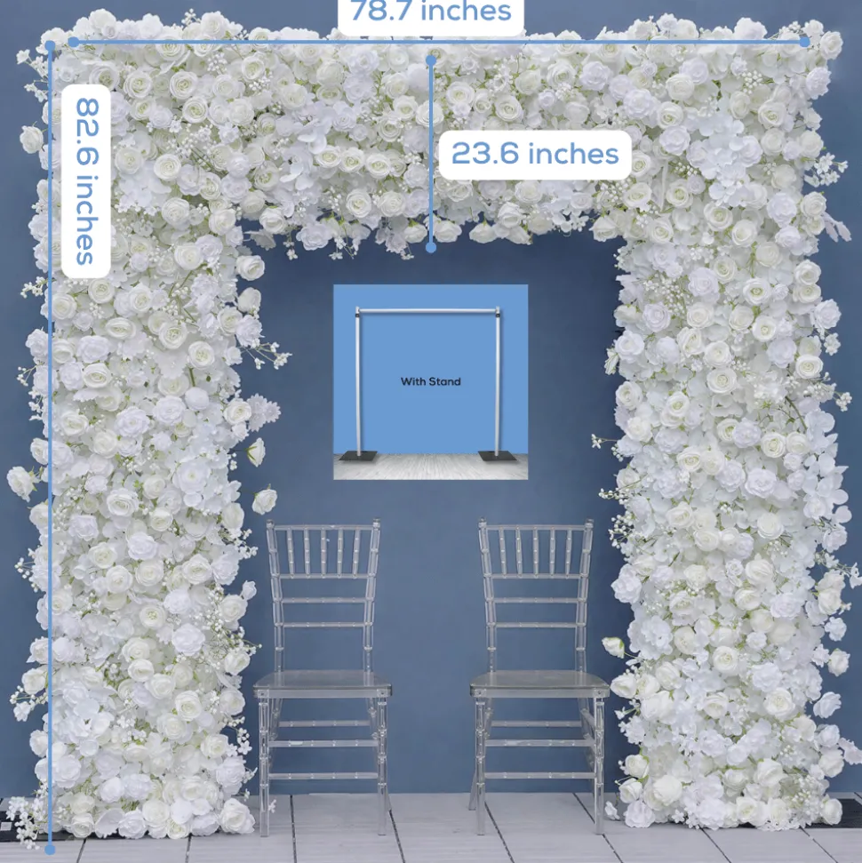 8ft LUXE White Rose, Hydrangea, Orchid & Baby's Breath Mixed Square Floral Arch with Optional Pipe Kit Frame